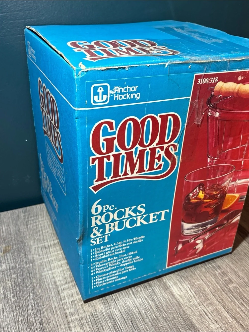 Vtg Anchor Hocking Co Glass Basket Ice Bucket 3100/318 With Bale Glasses and Box